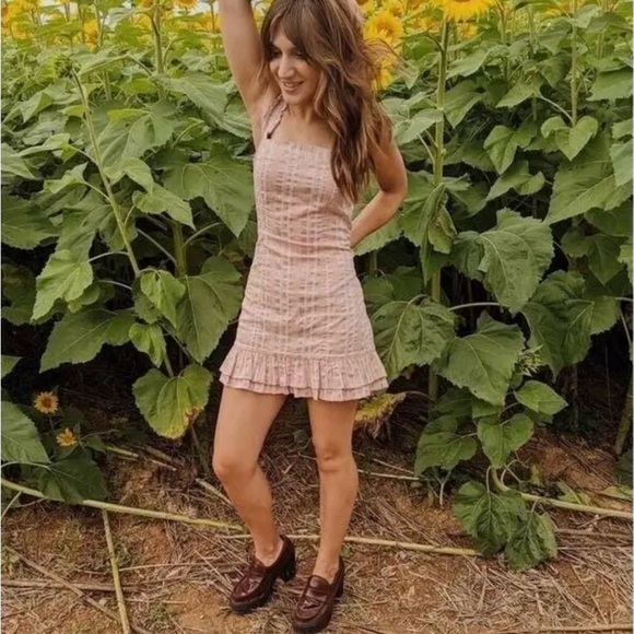 Alexis  Linen Blend The Brandy Mini Dress Ruffle Hem in Rose Stripe SZ XS - Picture 6 of 16